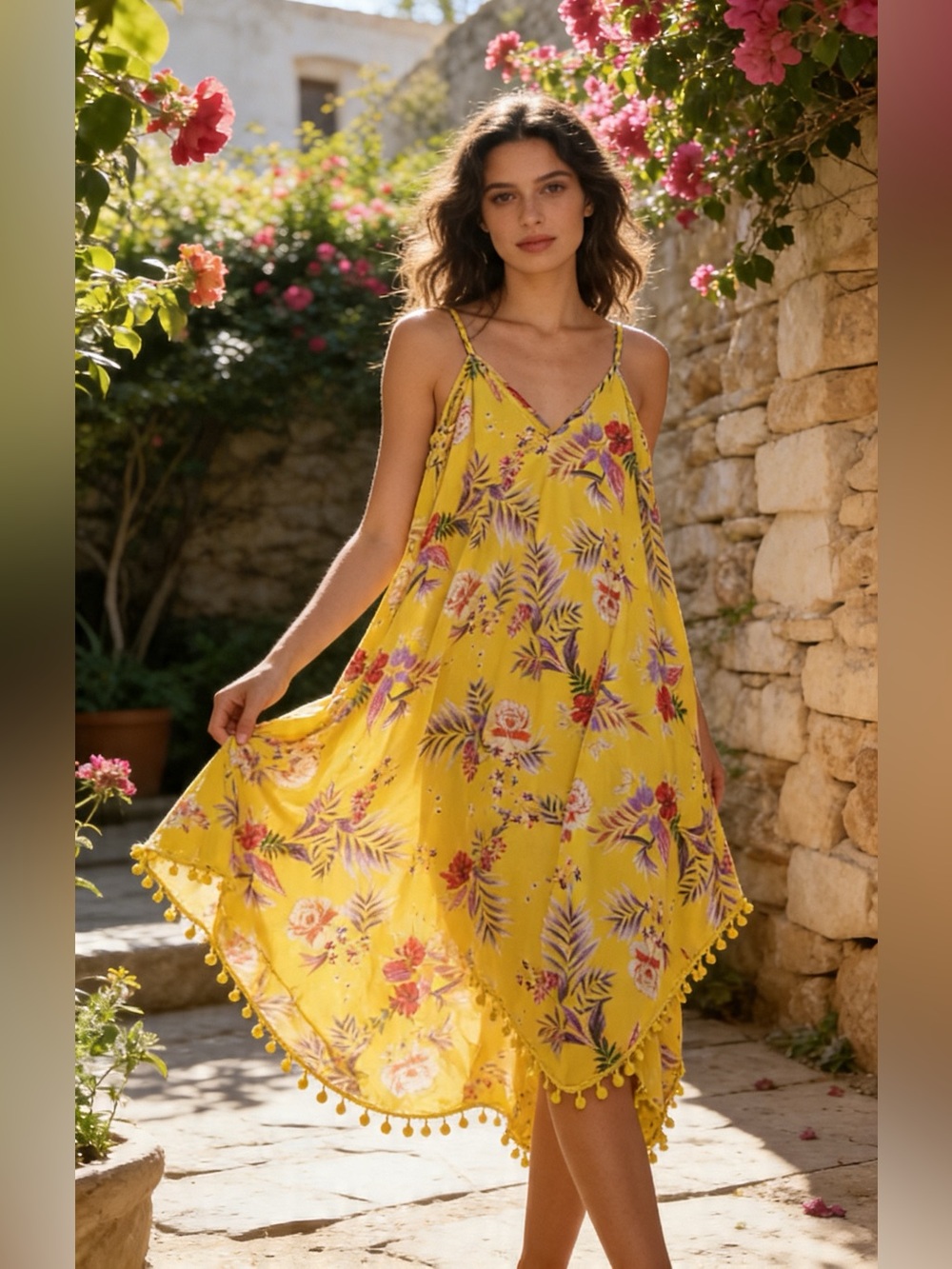 Flowy Floral Summer Dress with V-Neck and Pom-Pom Hem
